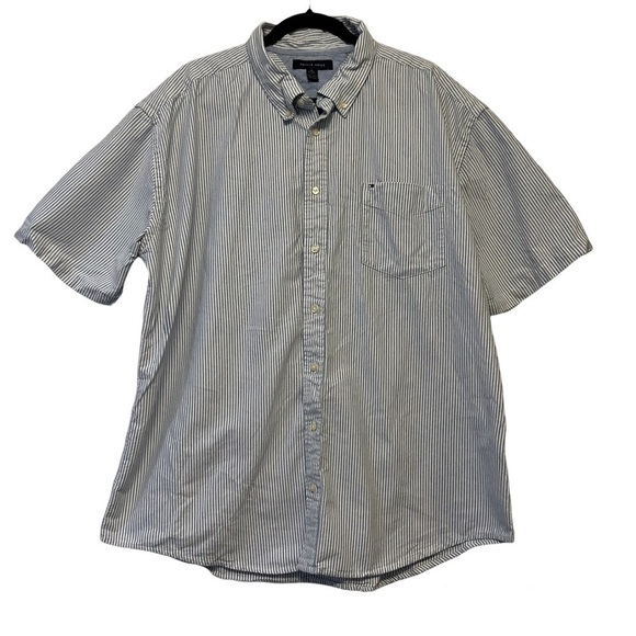 Tommy Hilfiger Blue & White Striped Short Sleeve Button Down Shirt - Picture 1 of 4